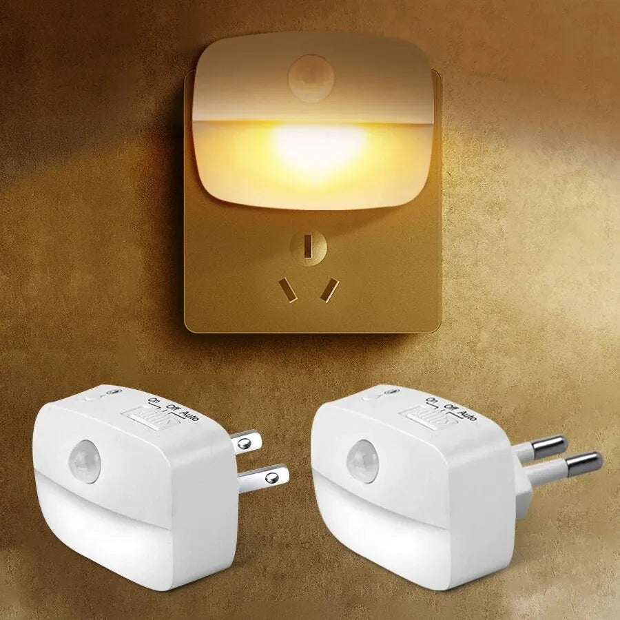 lampe nuit détecteur mouvement blanc moderne compact adhésif interrupteur manuel auto prise électrique