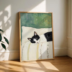 tableau moderne chat dormant toile peinte noir blanc vert beige opaque sans cadre