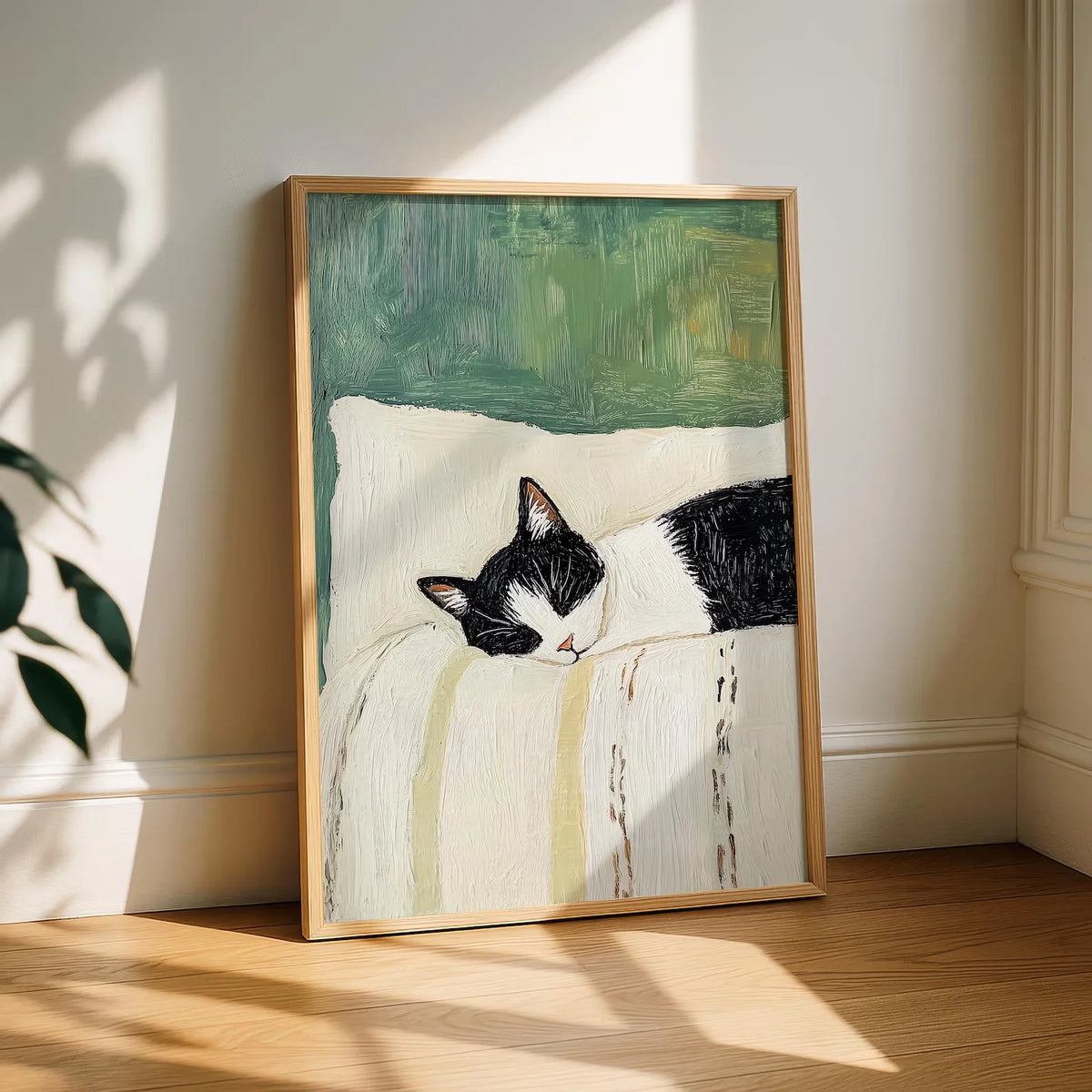 tableau moderne chat dormant toile peinte noir blanc vert beige opaque sans cadre