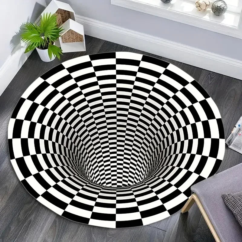 tapis rond carreaux illusion 3d moderne antidérapant salon chambre noir blanc
