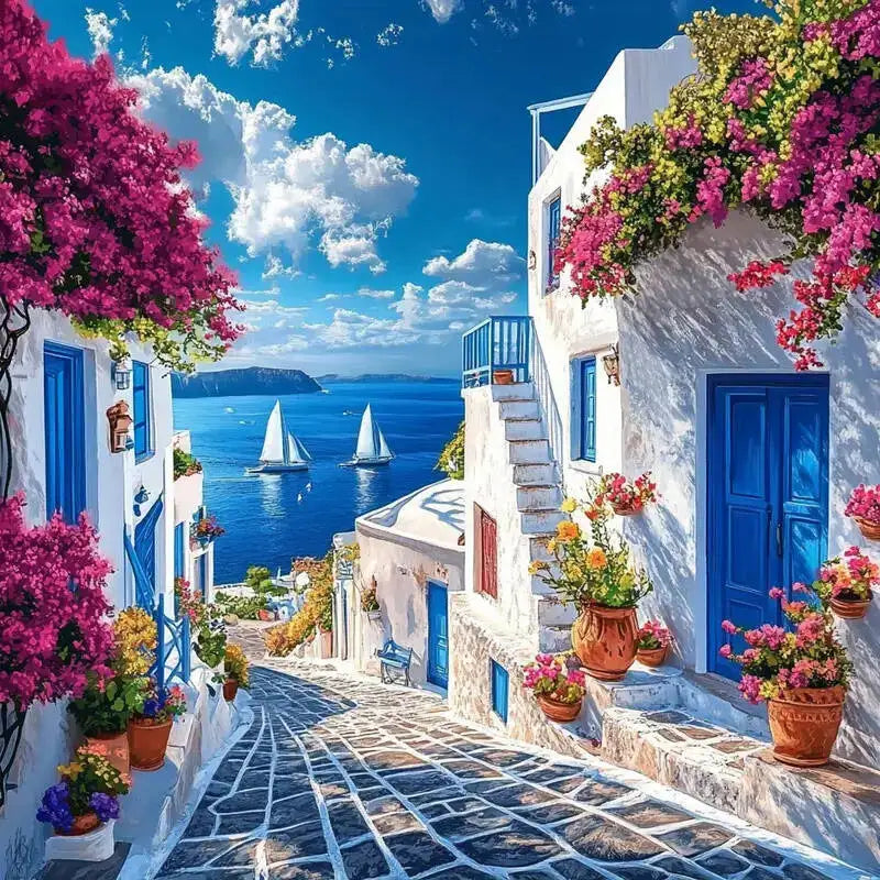 broderie paysage marin maisons blanches fleurs ciel bleu nuages artisanal traditionnel aiguilles fils instructions