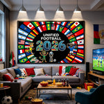 affiche murale drapeaux nations personnages sportifs UNIFIED FOOTBALL 2026 moderne opaque sportive