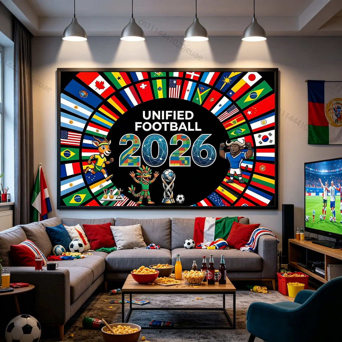 affiche murale drapeaux nations personnages sportifs UNIFIED FOOTBALL 2026 moderne opaque sportive