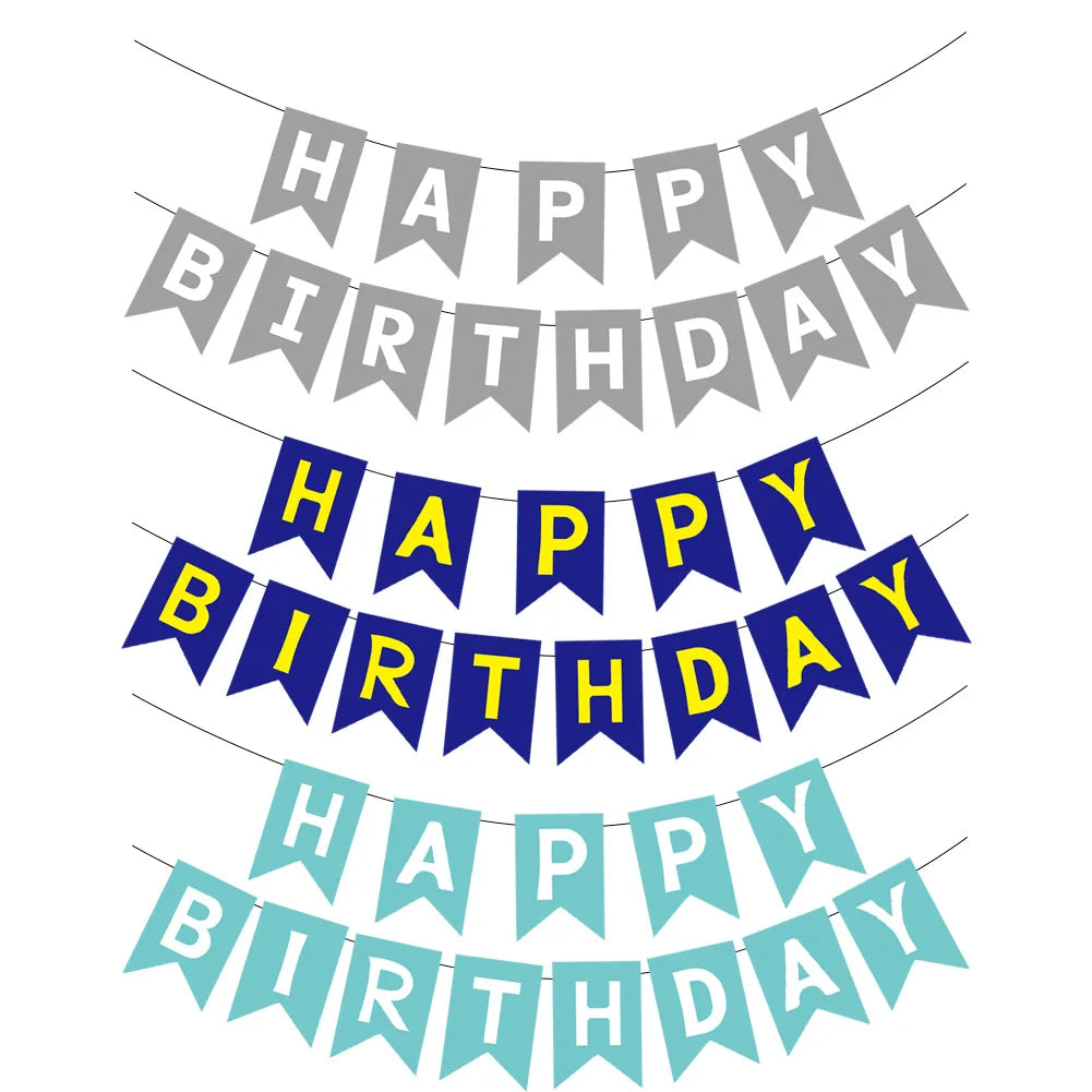 guirlande fanions happy birthday bleu rose noir gris vert turquois festif anniversaire enfant mariage