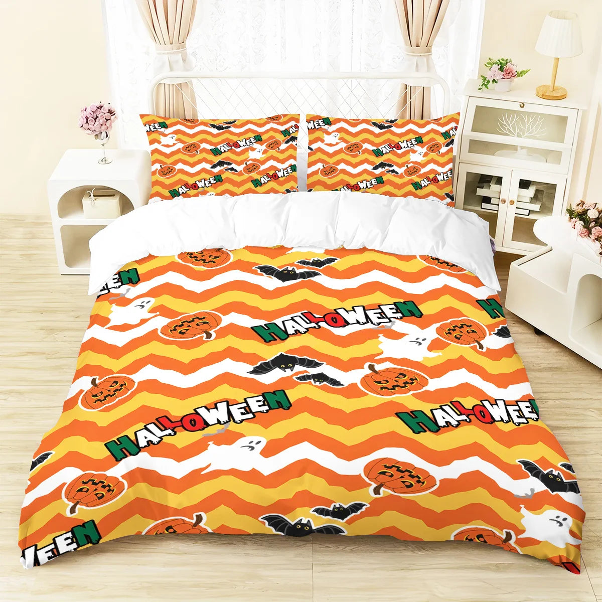 housse couette citrouille halloween rayures ondulées orange blanc noir double king queen