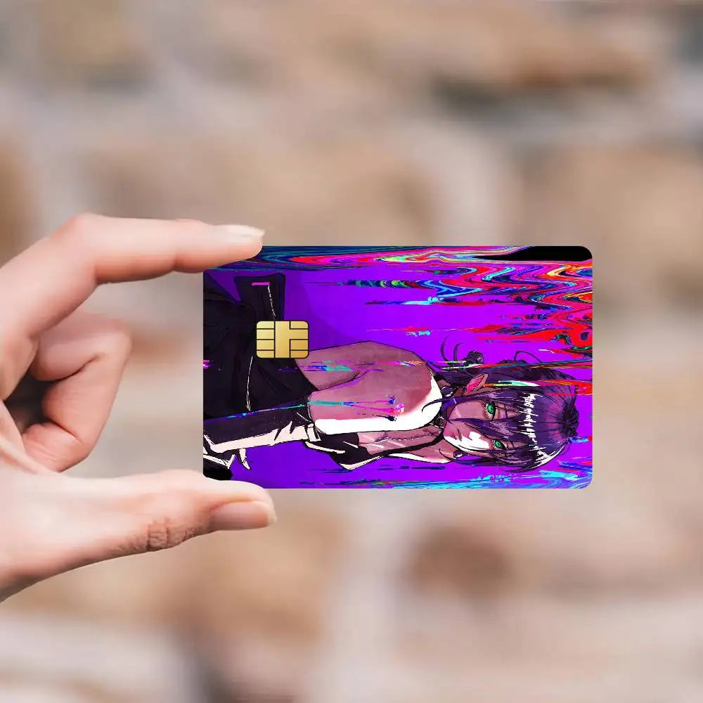 cartes bancaires étanches résistantes adhésives illustration anime personnages fond floral multicolore jaune brun vert