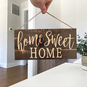 décoration murale rustique plaque sweet bois texturé blanc marron foncé lettres suspensible cordes jute
