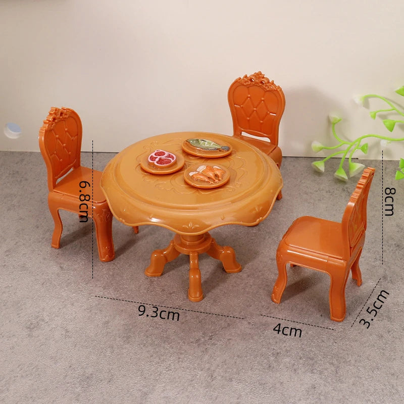 tables rondes chaises miniatures poupées décoration salon assiettes ornements jouets résine orange rose blanc
