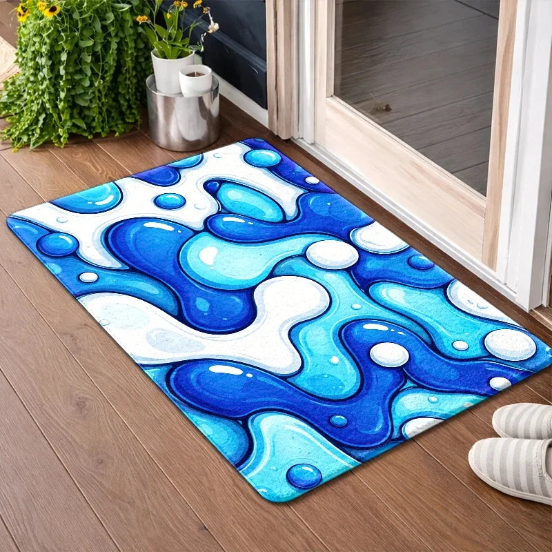 tapis moderne résistant vert bleu beige rouge blanc motifs monnaies gouttes feuilles plumes points