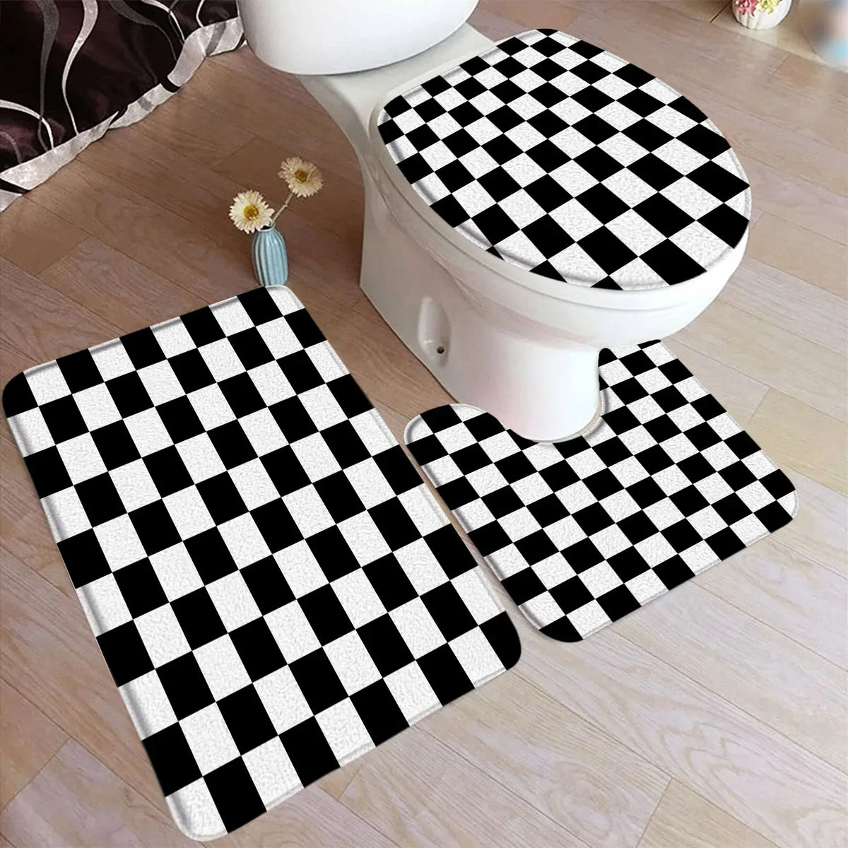 tapis bain moderne ensemble noir blanc adhésif tapis sol couvercle toilette minimaliste respectueux environnement