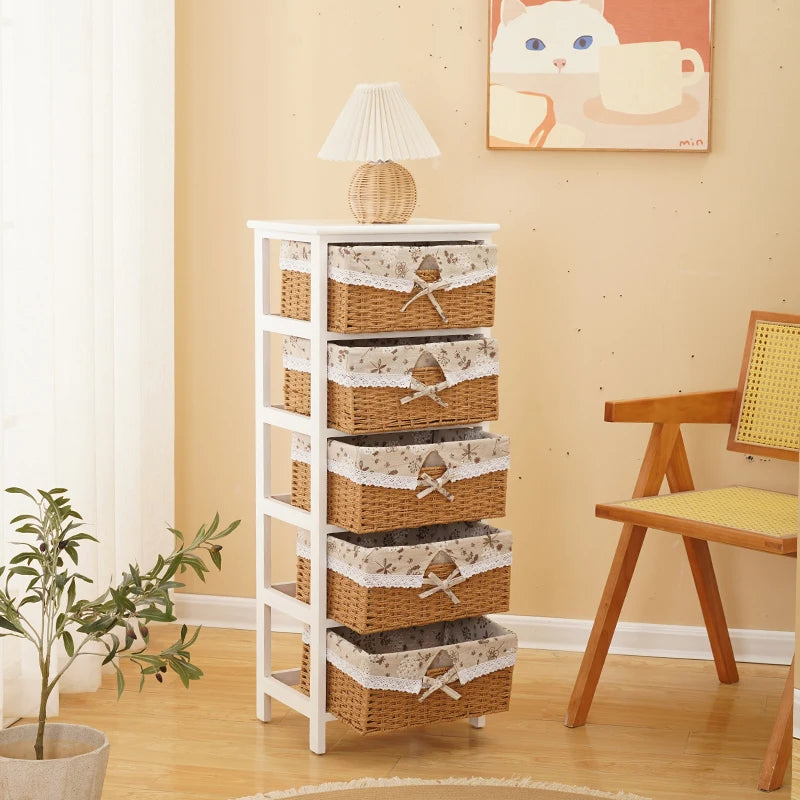 meuble tiroirs blanc rustique paniers osier tissu beige vintage chambre coucher minimaliste moderne