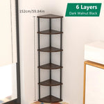 étagère d'angle murale bois moderne brun foncé rangement livres décorations plantes chambre salon minimaliste