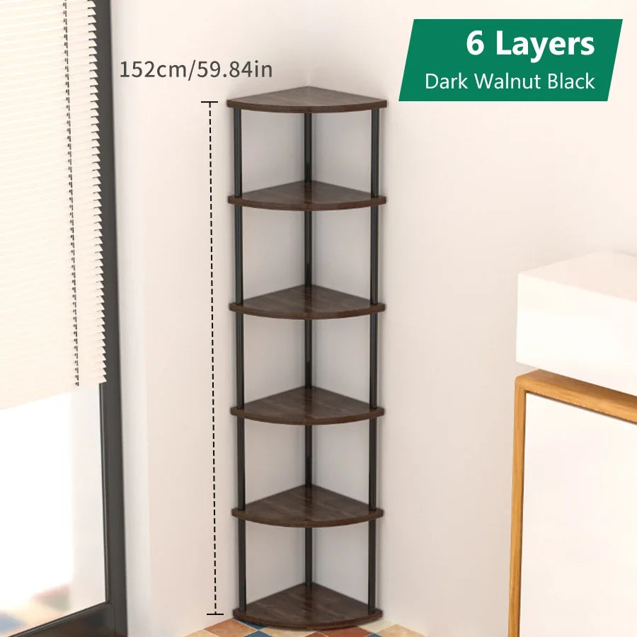 étagère d'angle murale bois moderne brun foncé rangement livres décorations plantes chambre salon minimaliste