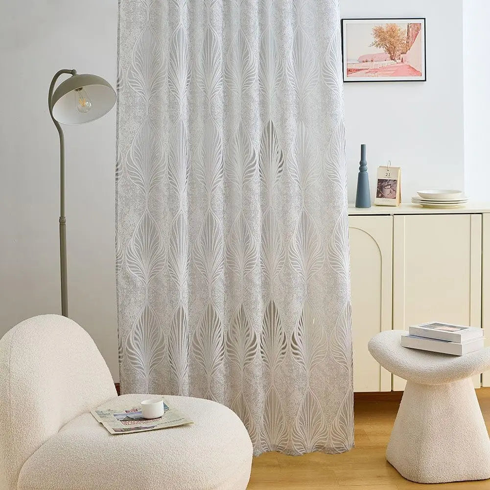 rideau gris feuilles stylisées semi transparent moderne salon polyester