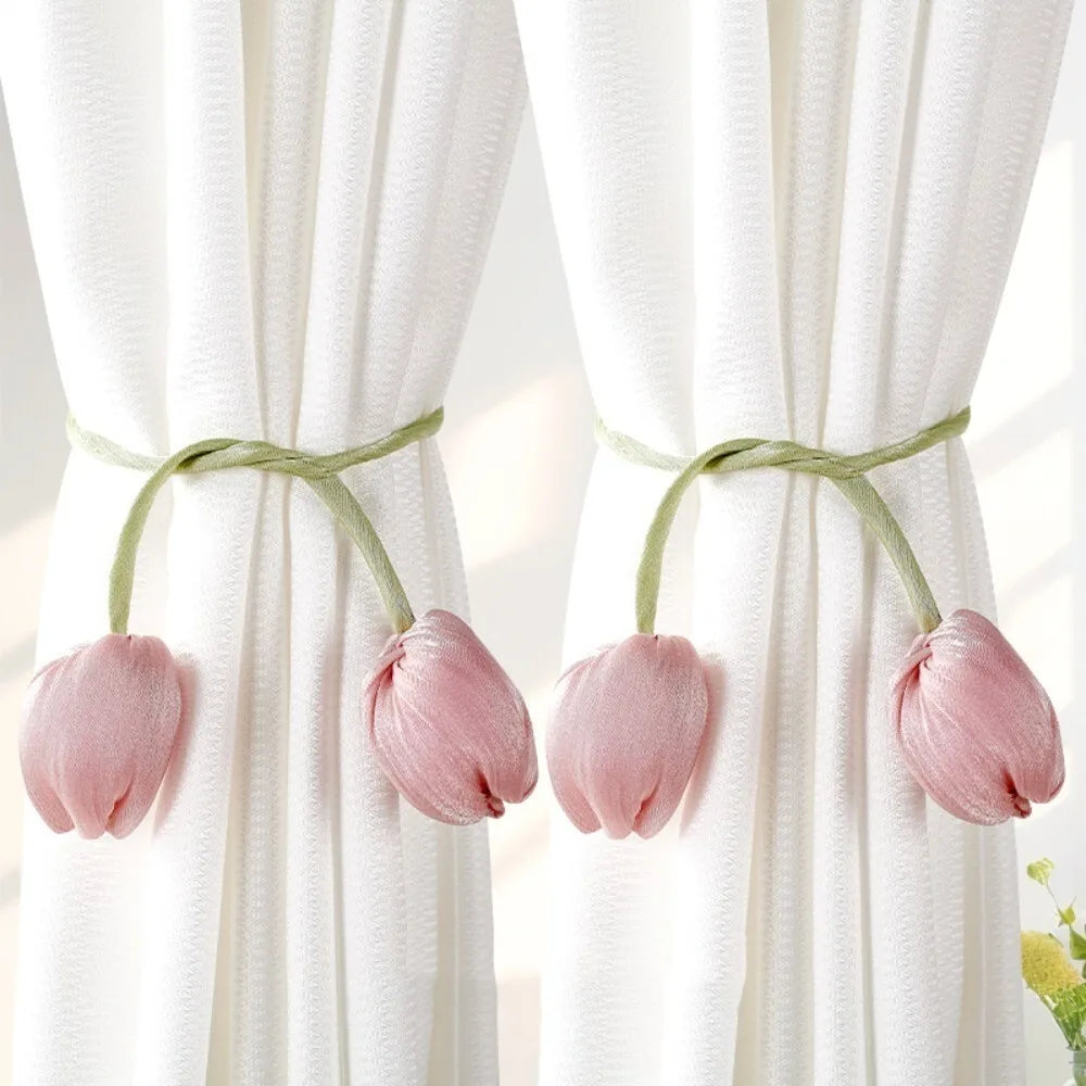 tulipes artificielles fleurs décoratives rose bleu violet rubans blancs coton opaques