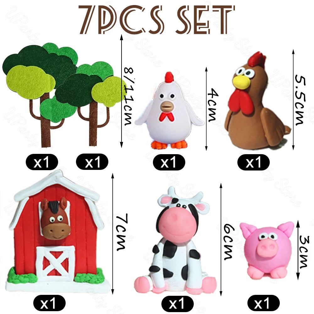 figurines animaux ferme cartoon anniversaire décoration gâteau vache poule cochon train arbres