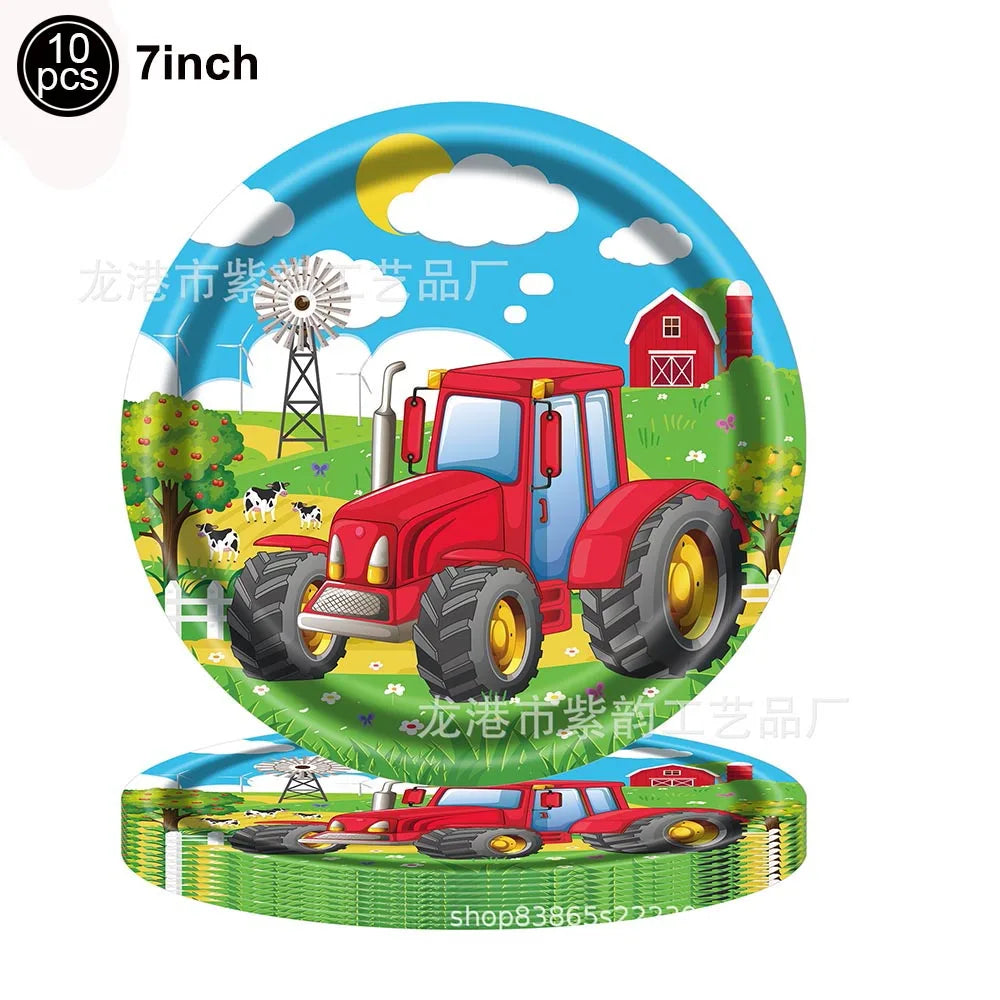 ensemble décoration anniversaire enfant thème ferme tracteur assiettes gobelets serviettes ballons nappe guirlande