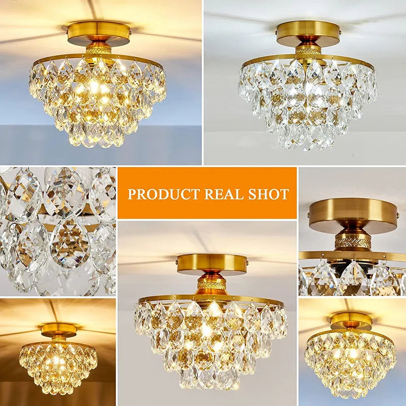 Suspension lumineuse cristaux or transparents classique fixations LED moderne