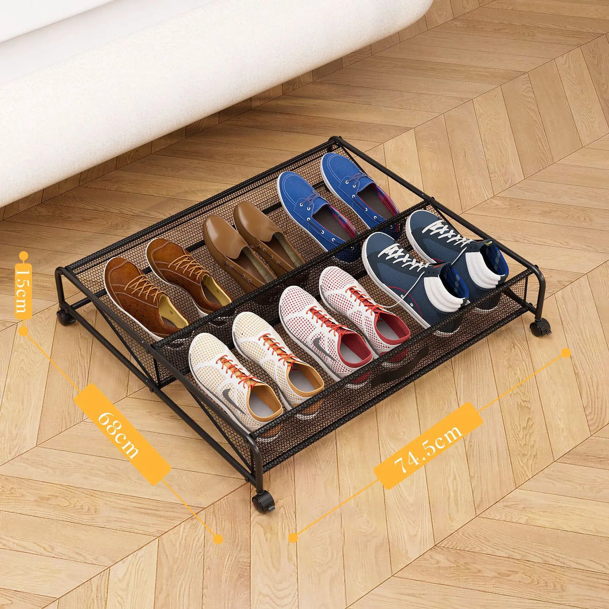 étagère chaussures moderne métal noir roulettes maille opaquet rangement sous lit chambre coucher