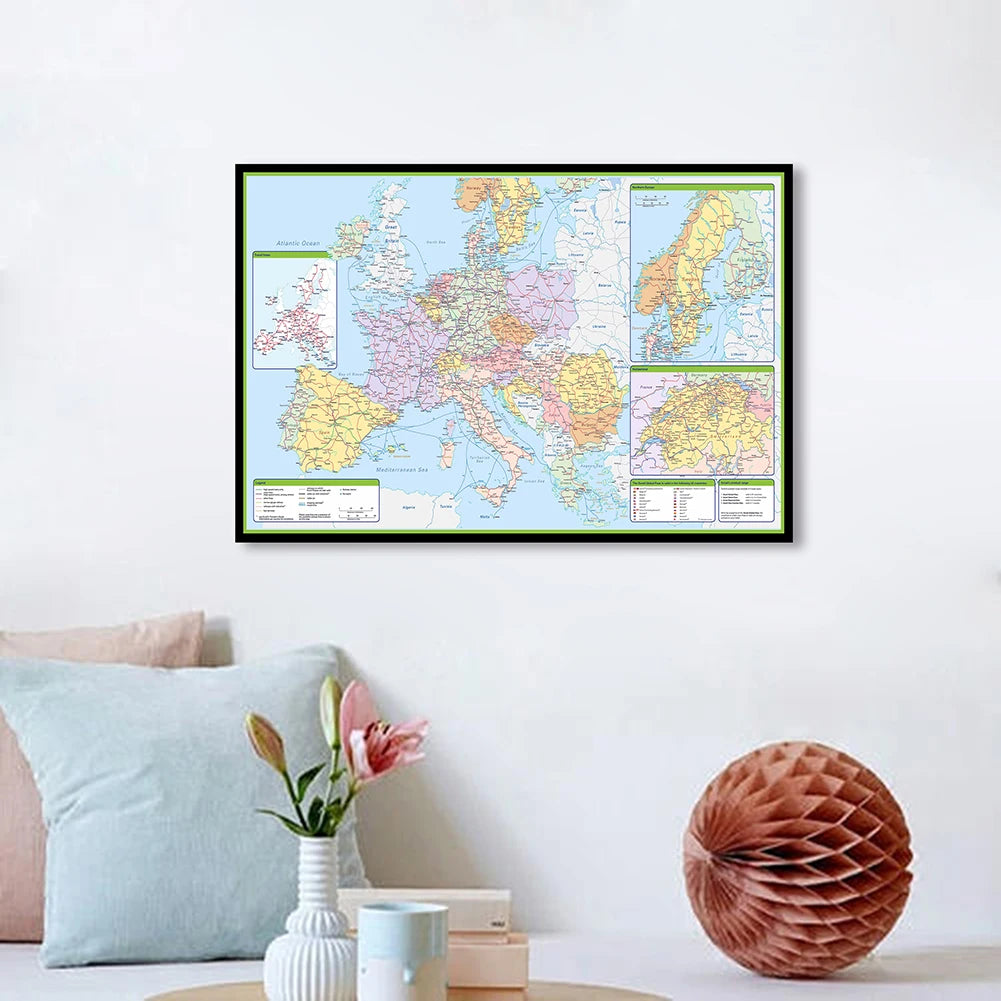 carte europe détaillée classique couleurs vives cadre doré noirintérieur décoration géographique éducative