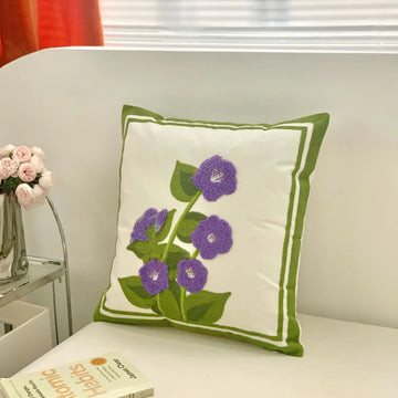 housse coussin brodée motif feuilles moderne coton polyester vert jaune bleu gris 45x45cm
