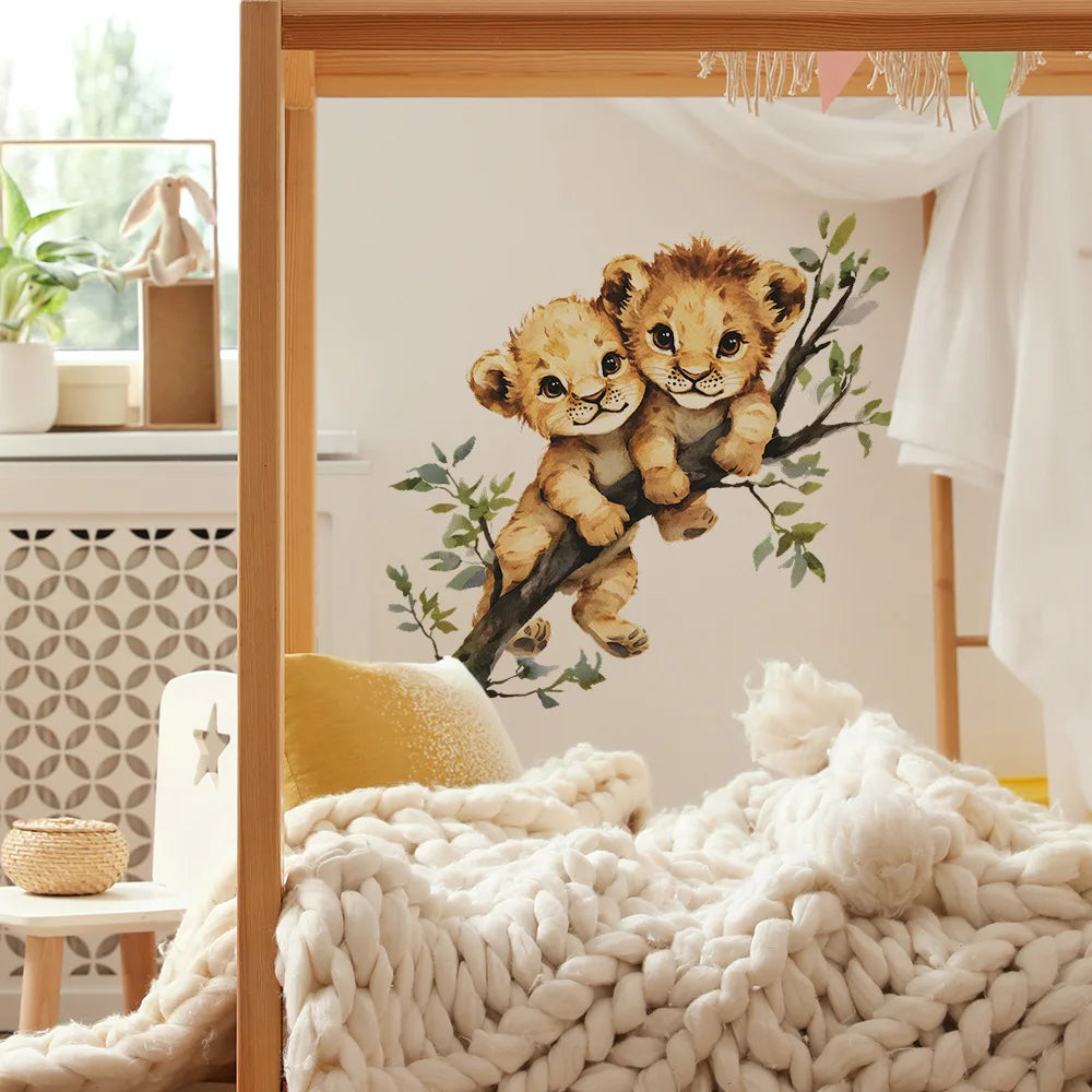 sticker mural illustration lionceaux branch feuilles marron beige vert blanc adhésif chambre salon hall