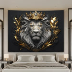toile d'art portrait lion royal couronne feuilles dorées gris noir élégante décorative chambre salon