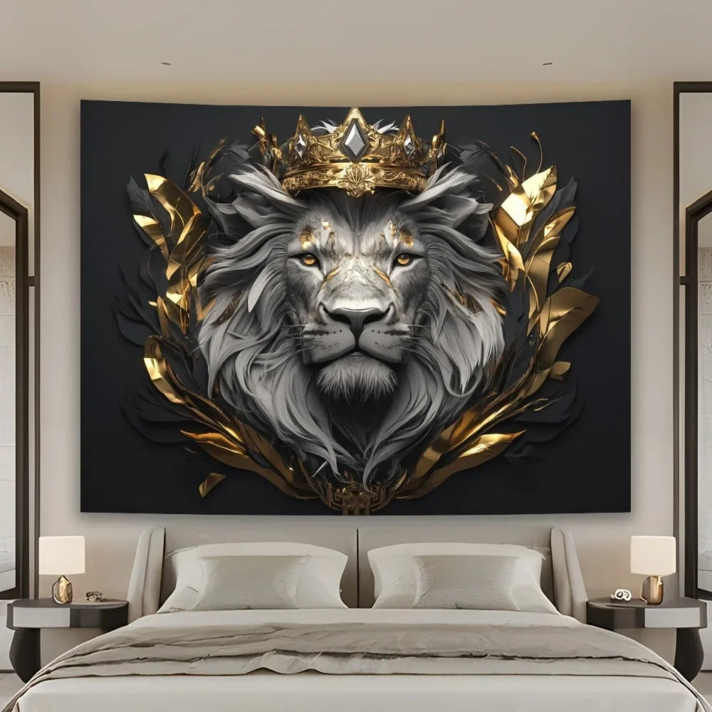 toile d'art portrait lion royal couronne feuilles dorées gris noir élégante décorative chambre salon