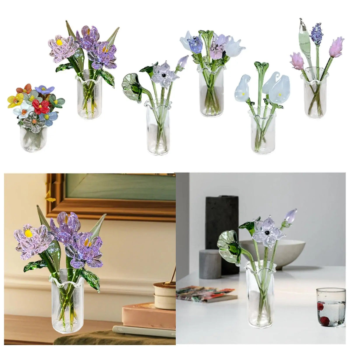 bouquet fleurs artificielles vase verre transparent violet blanc vert moderne minimaliste décoration intérieure anniversaire