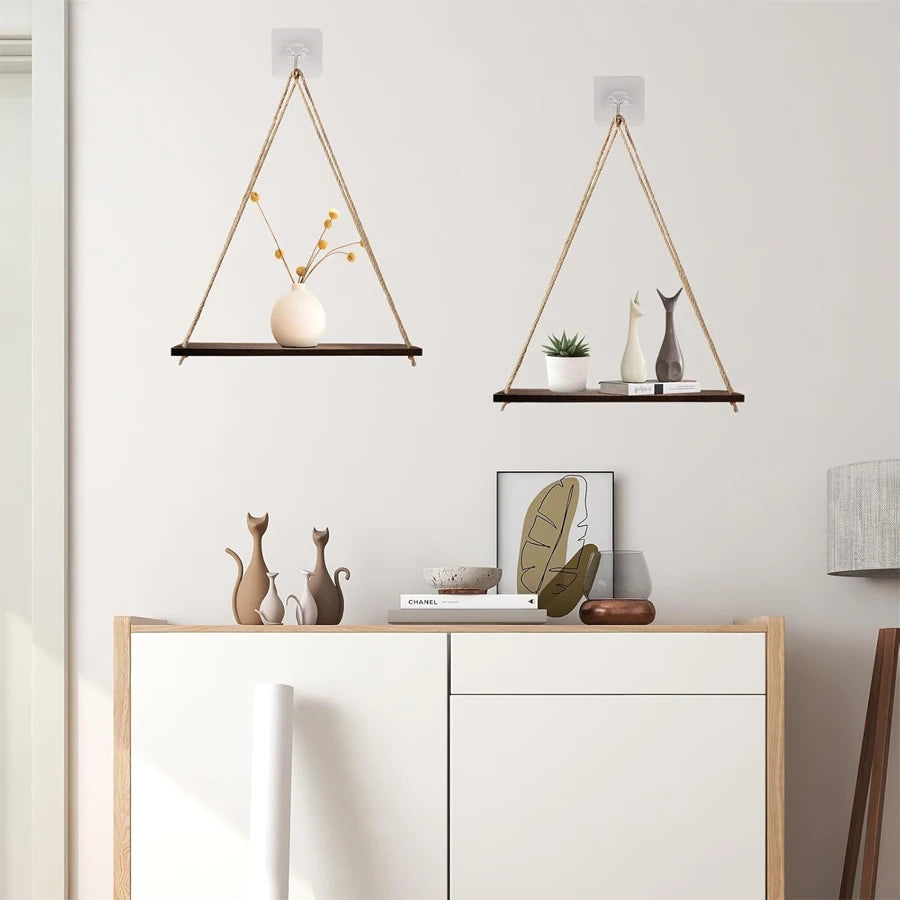 étagère suspendue bois naturel blanc rustique minimaliste accrochée mur ficelle clips fixation plantes fleurs