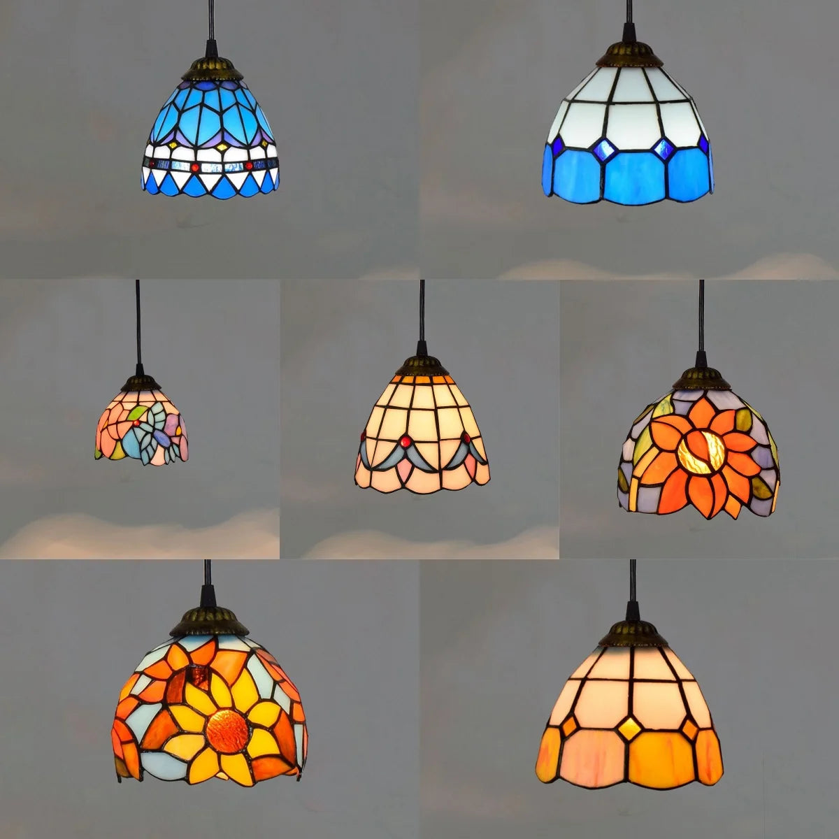 lampe suspendue tiffany multicolore motifs floraux stained glass couloir restaurant étude balcon