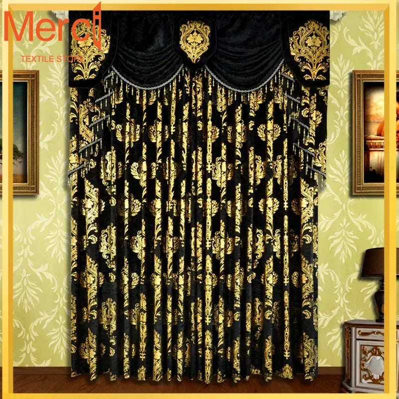 rideau noir floral doré opacité classique français velours polyester chambre