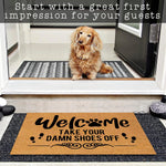 tapis d'entrée antidérapant marron clair imprimé welcome empreintes chien résistant moderne sol