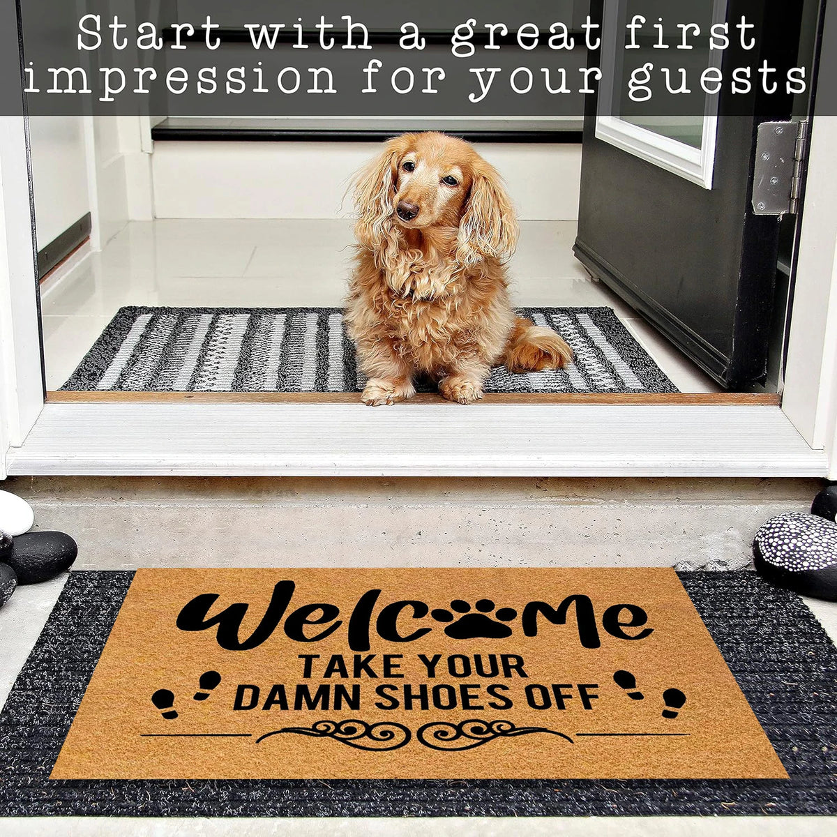 tapis d'entrée antidérapant marron clair imprimé welcome empreintes chien résistant moderne sol