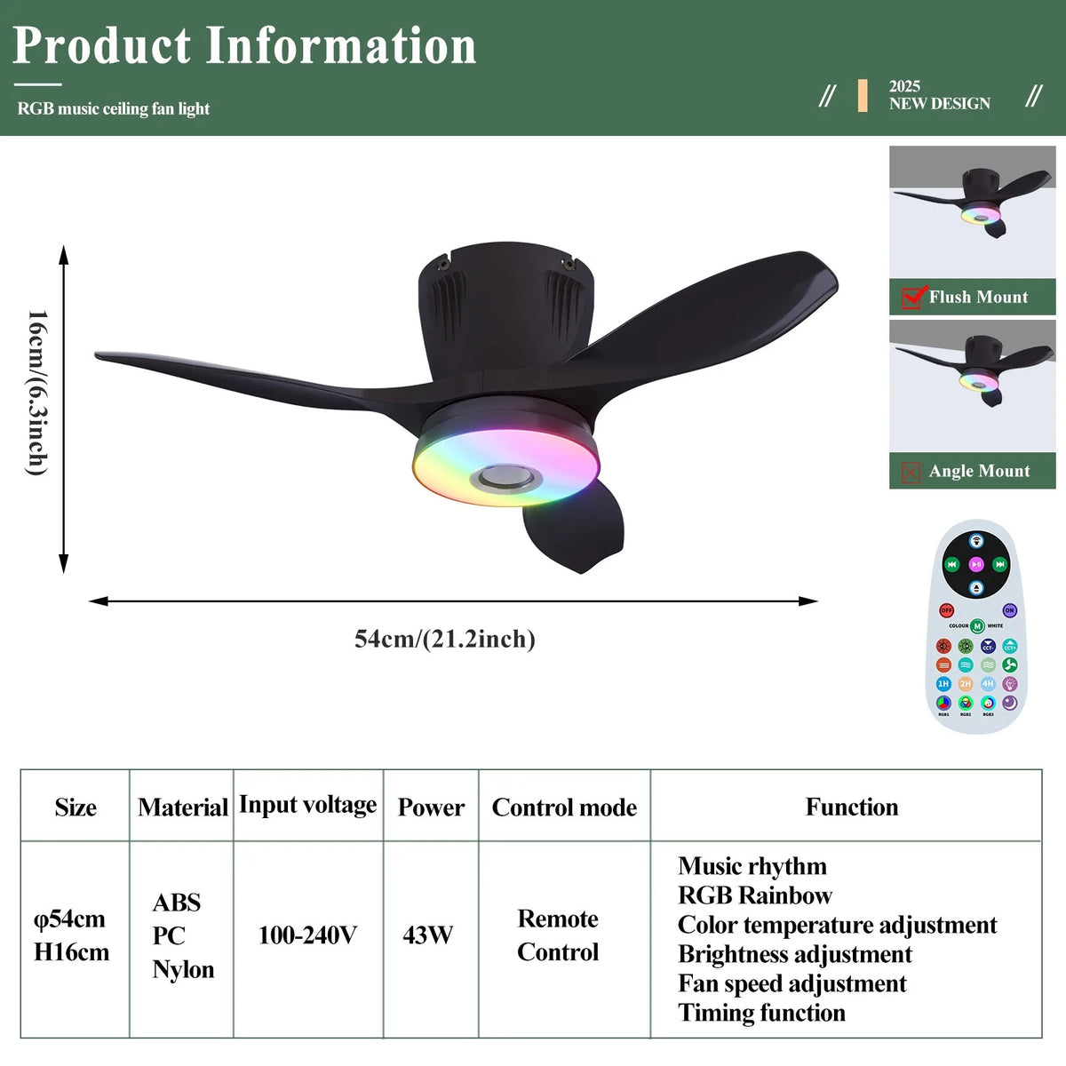 ventilateur lumière rgb télécommande moderne blanc noir led
