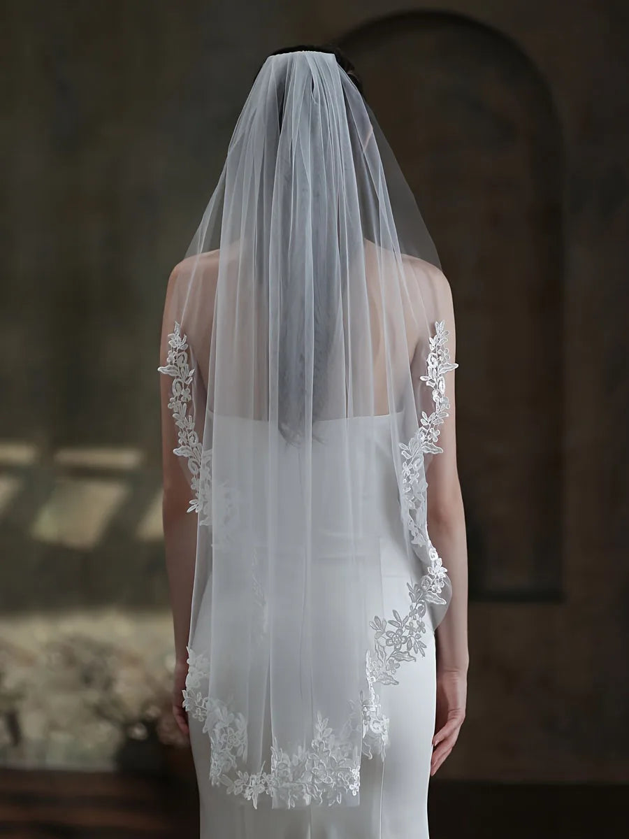 voile mariée blanc broderie florale monocouche translucide classique dentelle polyester