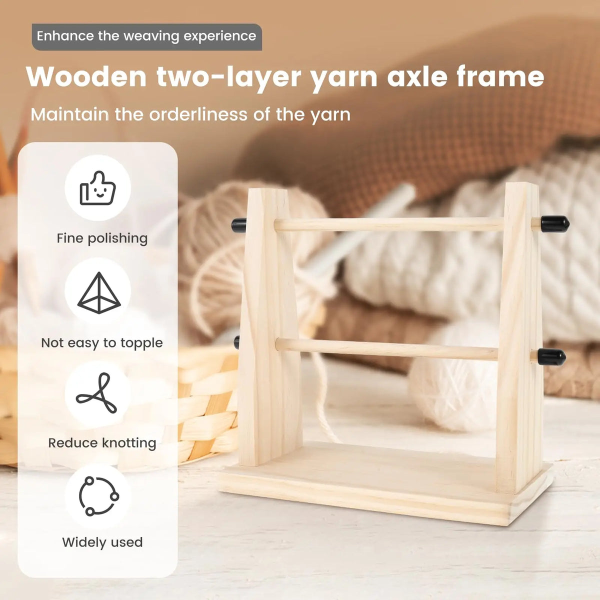 support rangement double niveau porte fil laine bois clair artisanal rustic multiple couleurs vis