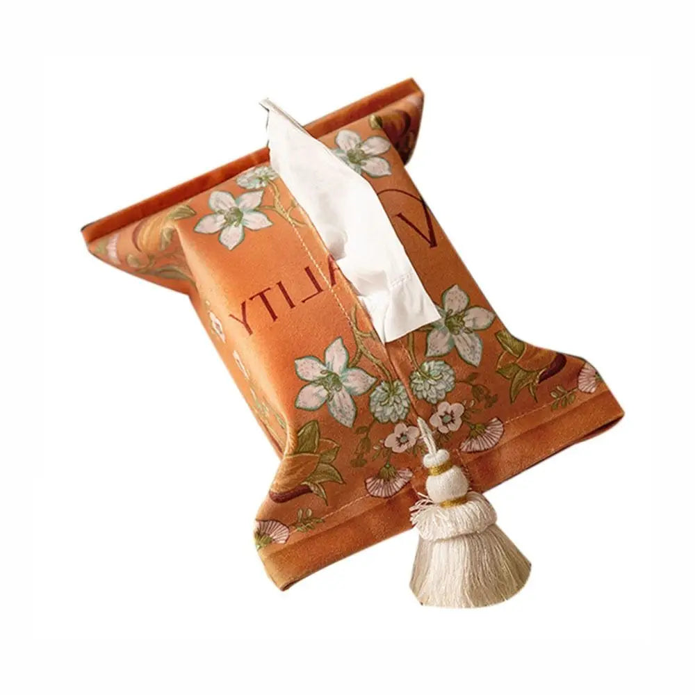 Sac mouchoirs vintage floral orange blanc bleu tassel boho chic decoration reusable