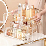 organisateur maquillage transparent acrylique moderne niveaux rangement palette fards poignées cosmétiques salle bain