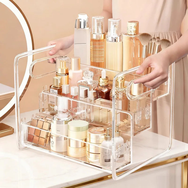 organisateur maquillage transparent acrylique moderne niveaux rangement palette fards poignées cosmétiques salle bain