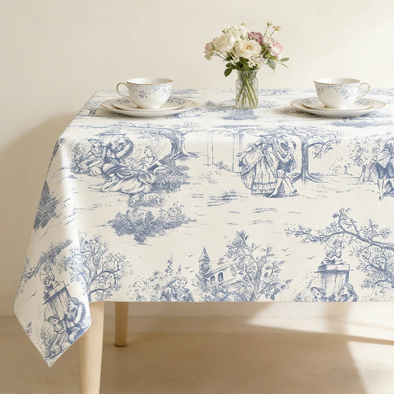 nappe champêtre toile jouy bleu blanc intérieur mariage rustic chic table fleurs assises vintage