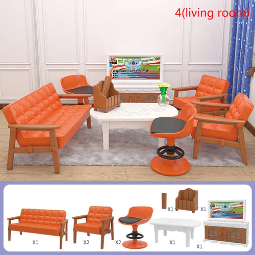meubles miniatures maison poupées blanc orange bleu motifs textiles tapis vaisselle décorateurs fantaisie