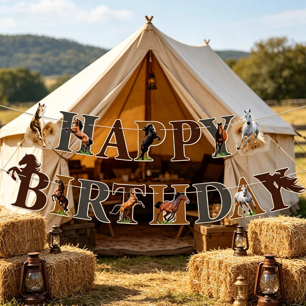 décoration fête anniversaire thème western ballons chevaux bottes cowboys marron noir blanc