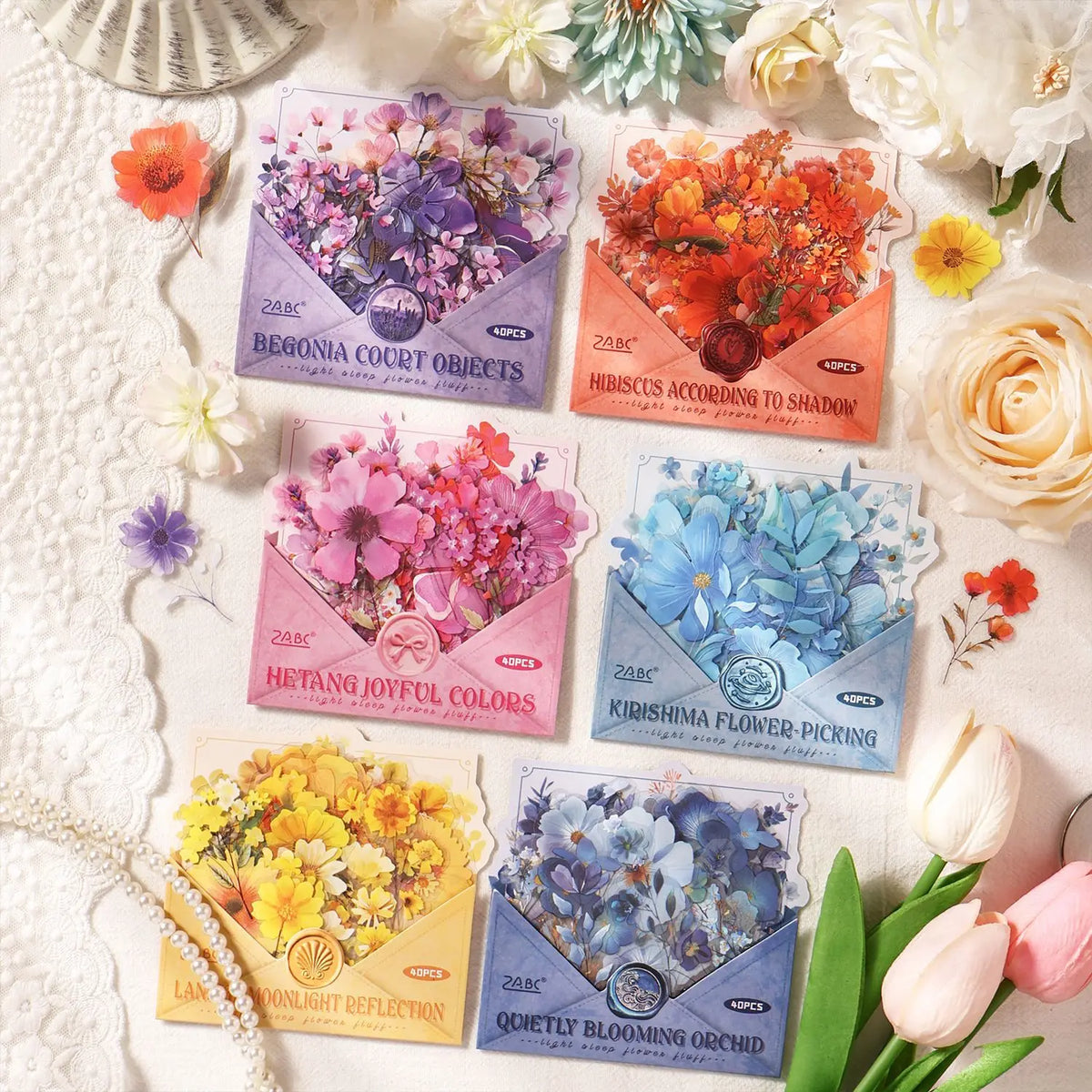 autocollants fleurs séchées violettes oranges jaunes bleues roses détails floraux 50x50mm vintage romantique adhésifDecorationDIY
