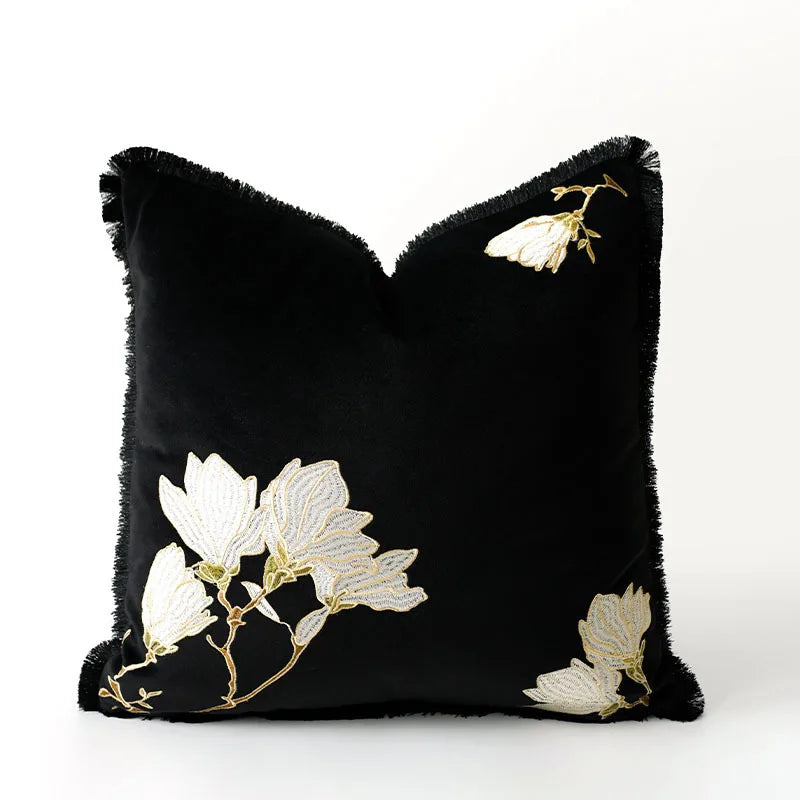 coussin carré brodé fleur dorée nordique marron clair noir élégant décoration maison 45x45cm 50x50cm