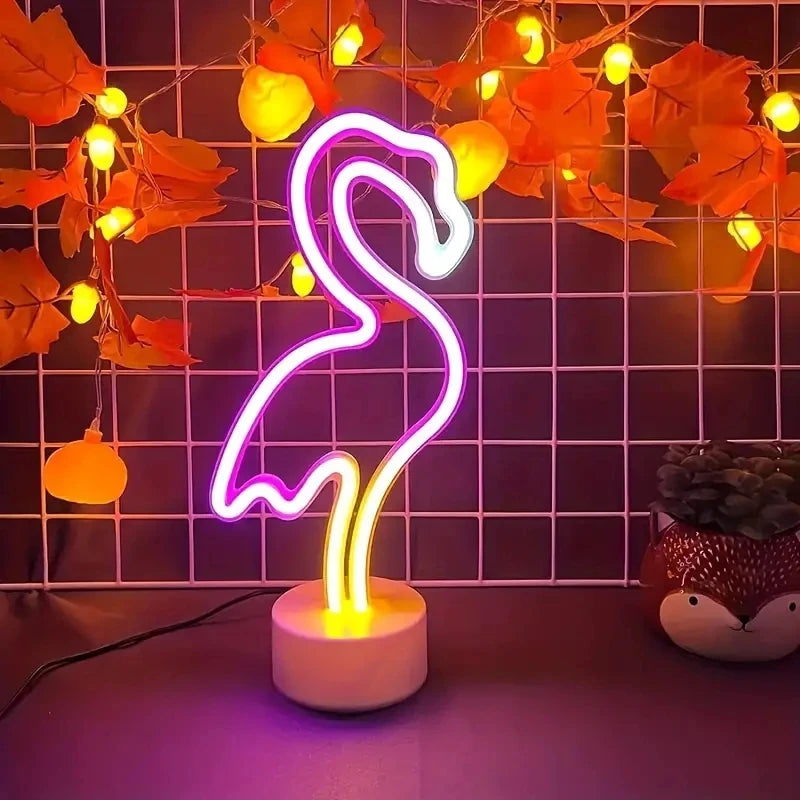 lampe néon flamant rose stylisé moderne interrupteur usb batterie vacances chambre deco