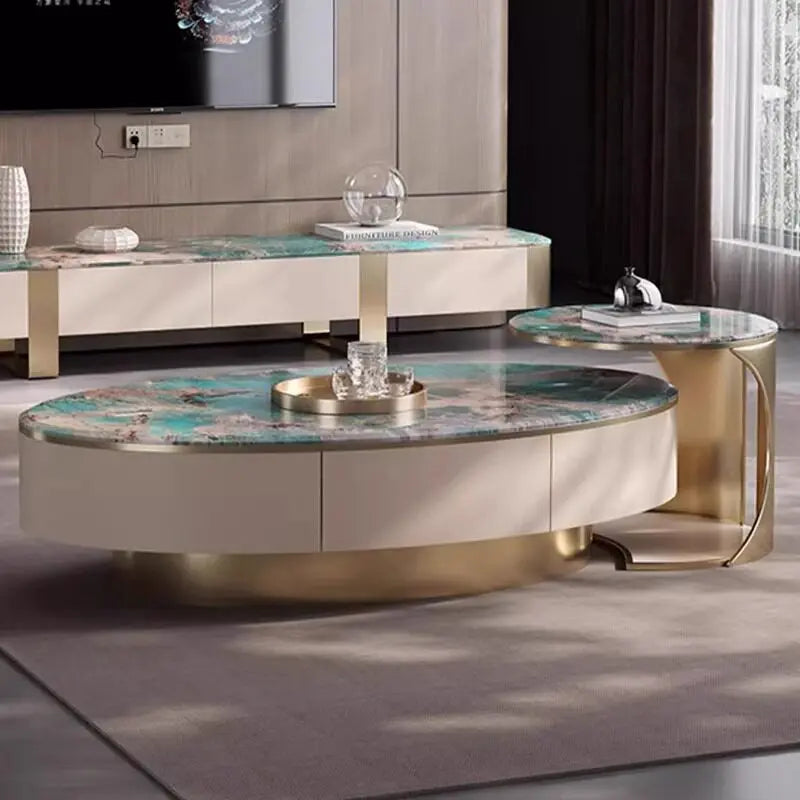 table basse moderne marbre ovale bois pieds métalliques tiroir plateau amovible salon