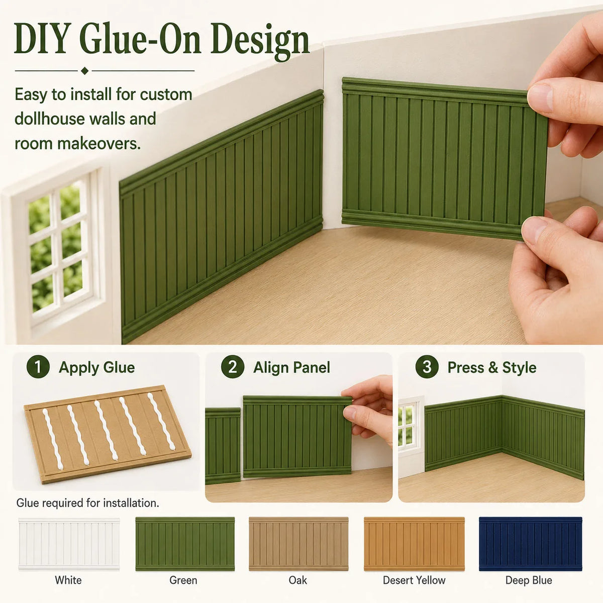 panneaux parement blanc vert chêne jaune bleu adhésif maison poupée texture mat moderne minimaliste