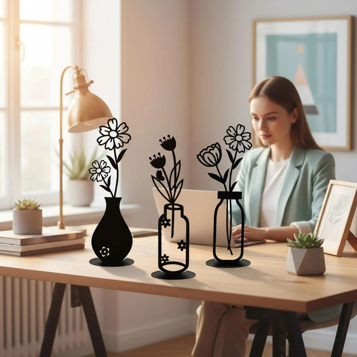 vases decoratifs fleurs motif floral moderne decoration murale tulipes marguerites noir marron bleu Jaune