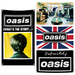 bannière rock vintage oasis logo union jack scène musicale noir rouge bleu